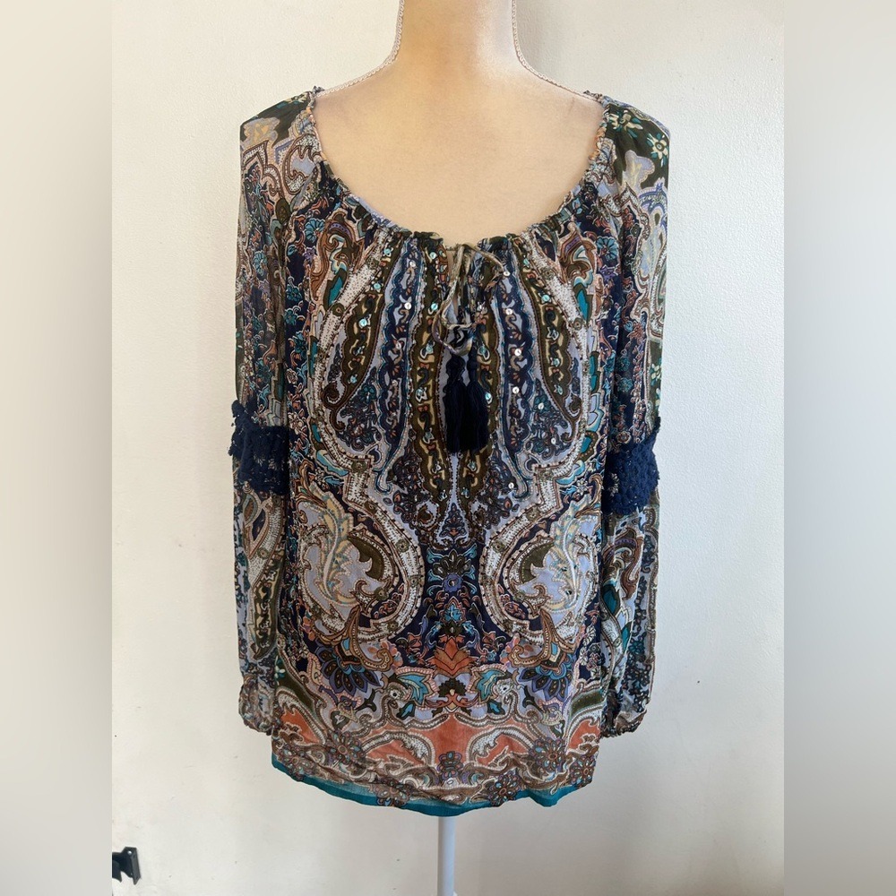 Bila 7 Womens Paisley Peasant Blouse Blue Orange Sequin Tassel Boho Top Large